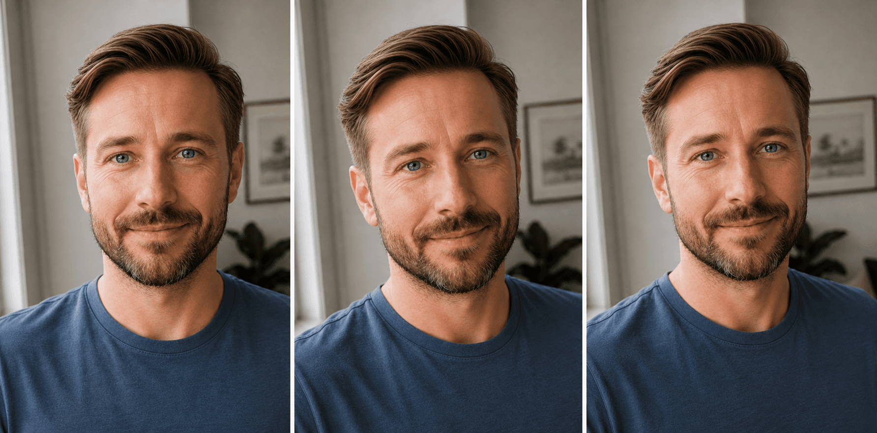 Synthetische Beispielperson frontal, leicht nach links und leicht nach rechts aufgenommen